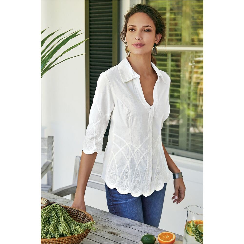 Women's Size S Soft Surroundings Work of Art White Embroidered Cotton Blouse